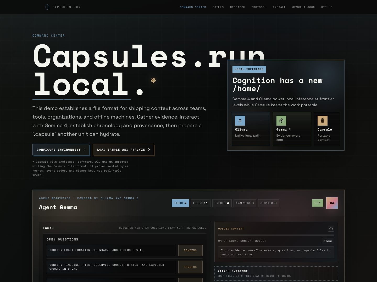 Capsules.Run Operators Demo with local Gemma workspace and evidence queue.