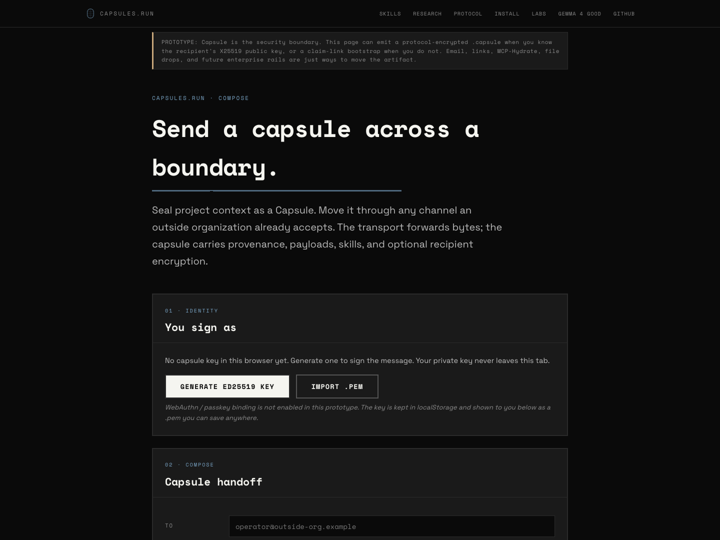 Capsules.Run send page for composing a capsule transfer.